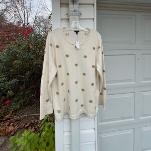 NWT Talbots Festive Cream Sparkling Gold Polka Dots Long Sleeve Sweater